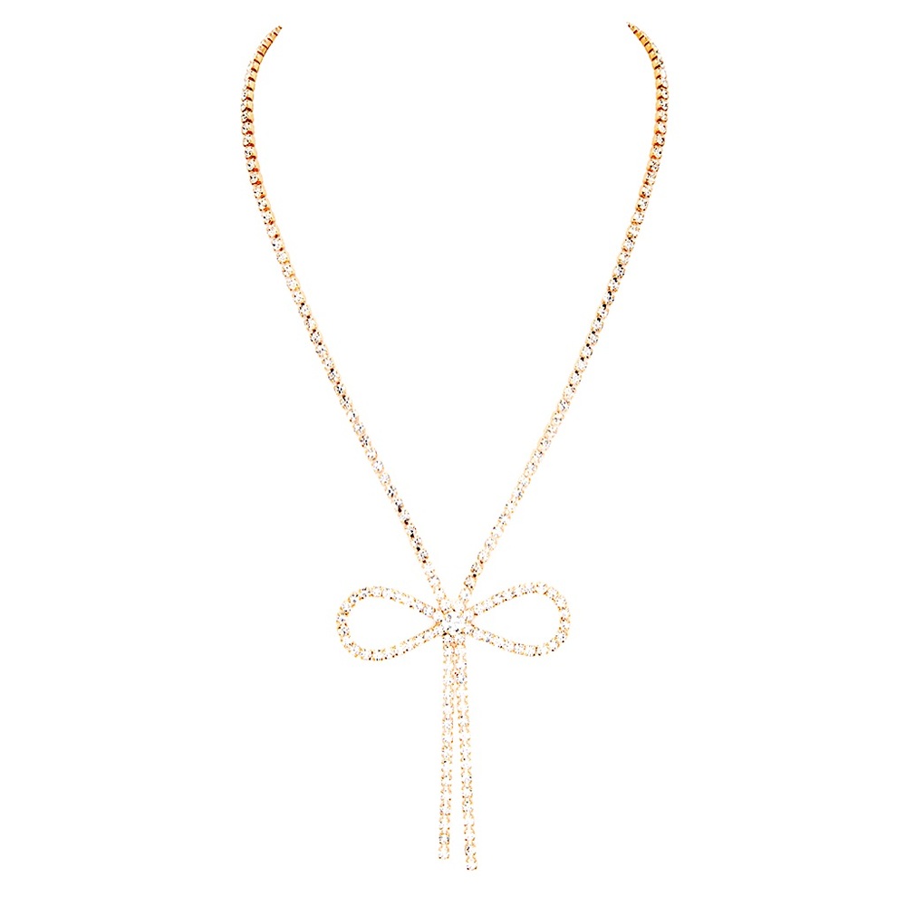 Gold Rhinestone Dainty Bow Statement Necklace